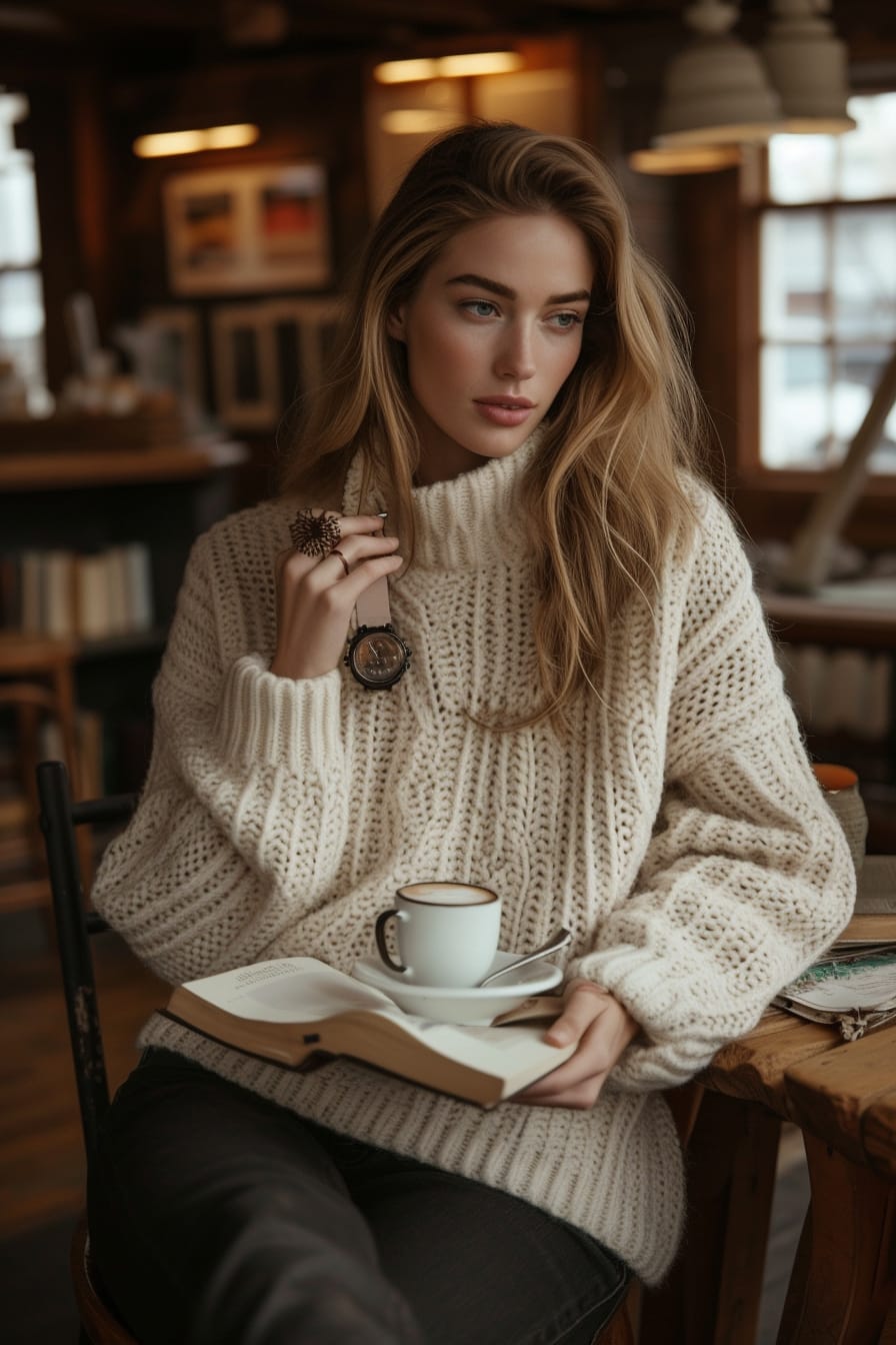  A young woman in a cozy sweater, holding a cup of coffee in a warmly lit, rustic café. Her dive watch is visible as she reads a book, the embodiment of relaxed elegance on a quiet morning.