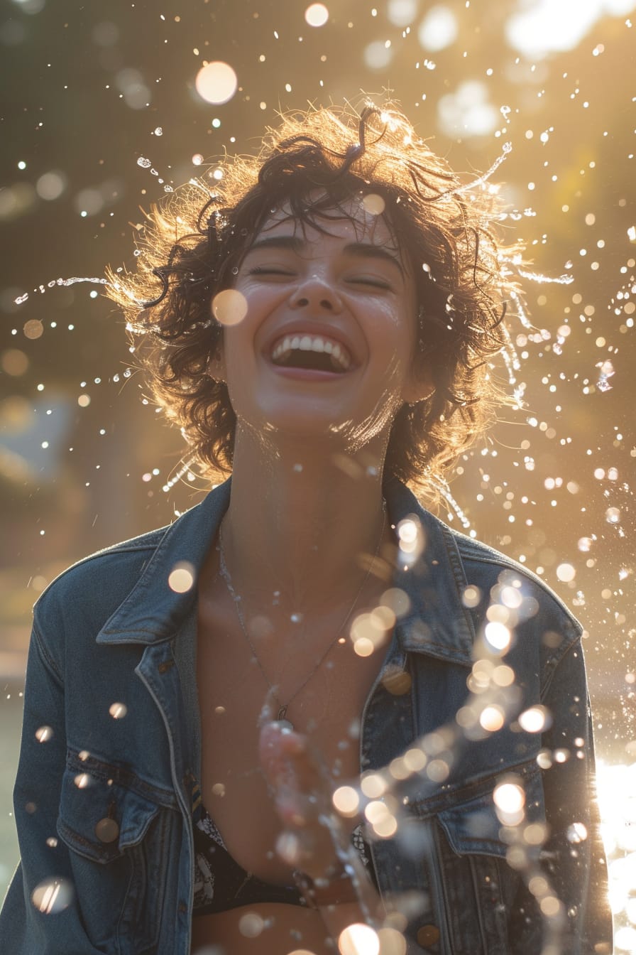 A young woman with short, curly hair, laughing as she splashes water with her hands. She's wearing a casual denim jacket, and her dive watch peeks out, catching the light. The setting is a sunny, outdoor scene by a city fountain in the late afternoon.