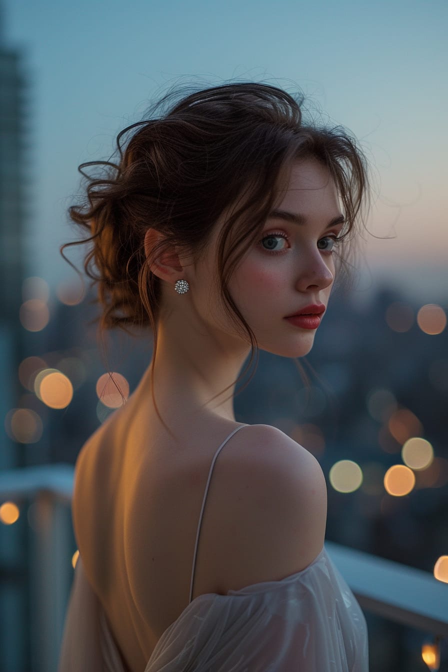 A young woman in a soft, flowing evening gown, her hair styled in a simple updo. She stands on a balcony overlooking a twinkling cityscape at night, her dive watch glistening under the moonlight.