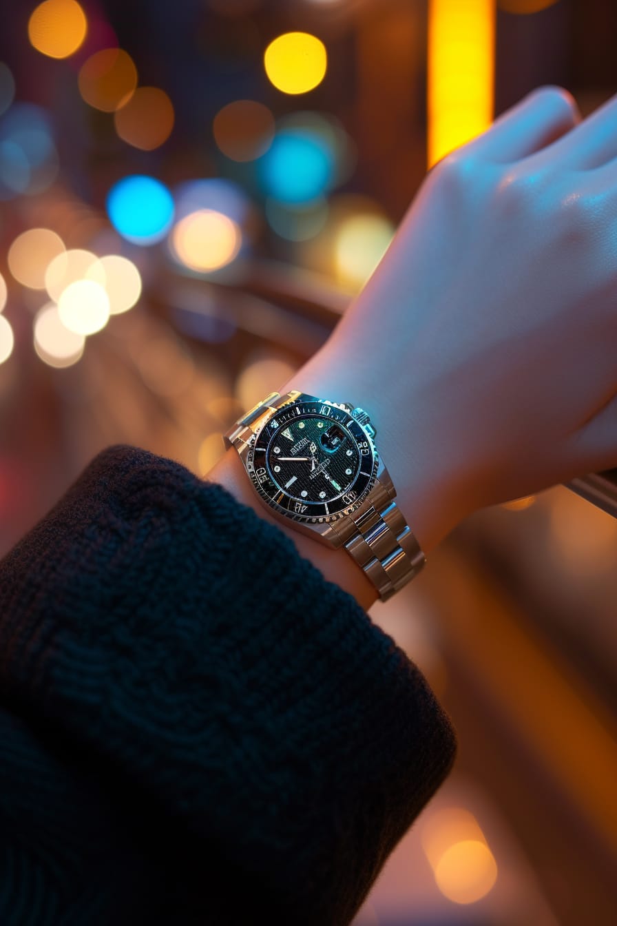  Close-up of a young woman's wrist, showcasing a dive watch with a stainless steel band, paired with a delicate gold bracelet. The background is a soft-focus urban setting, capturing the essence of a bustling city life at dusk.