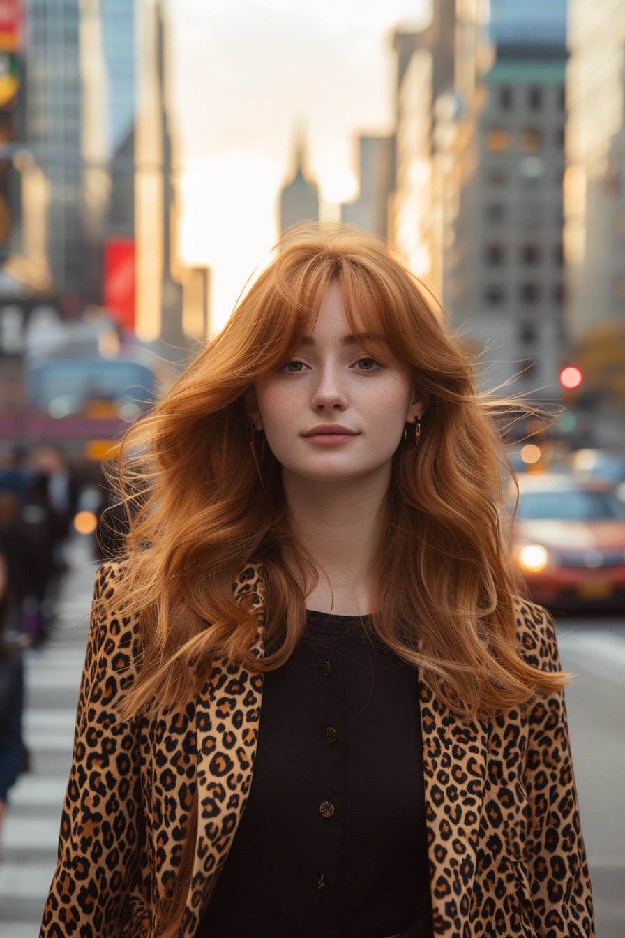  A young woman with long, red hair, wearing a leopard print jacket over a simple black dress, confidently walking down a busy city street, sunset.