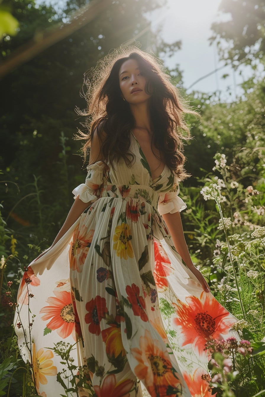  A full-length image of a young woman with wavy brunette hair, wearing a flowing maxi dress adorned with large, colorful floral prints, standing in a sunlit garden, morning.