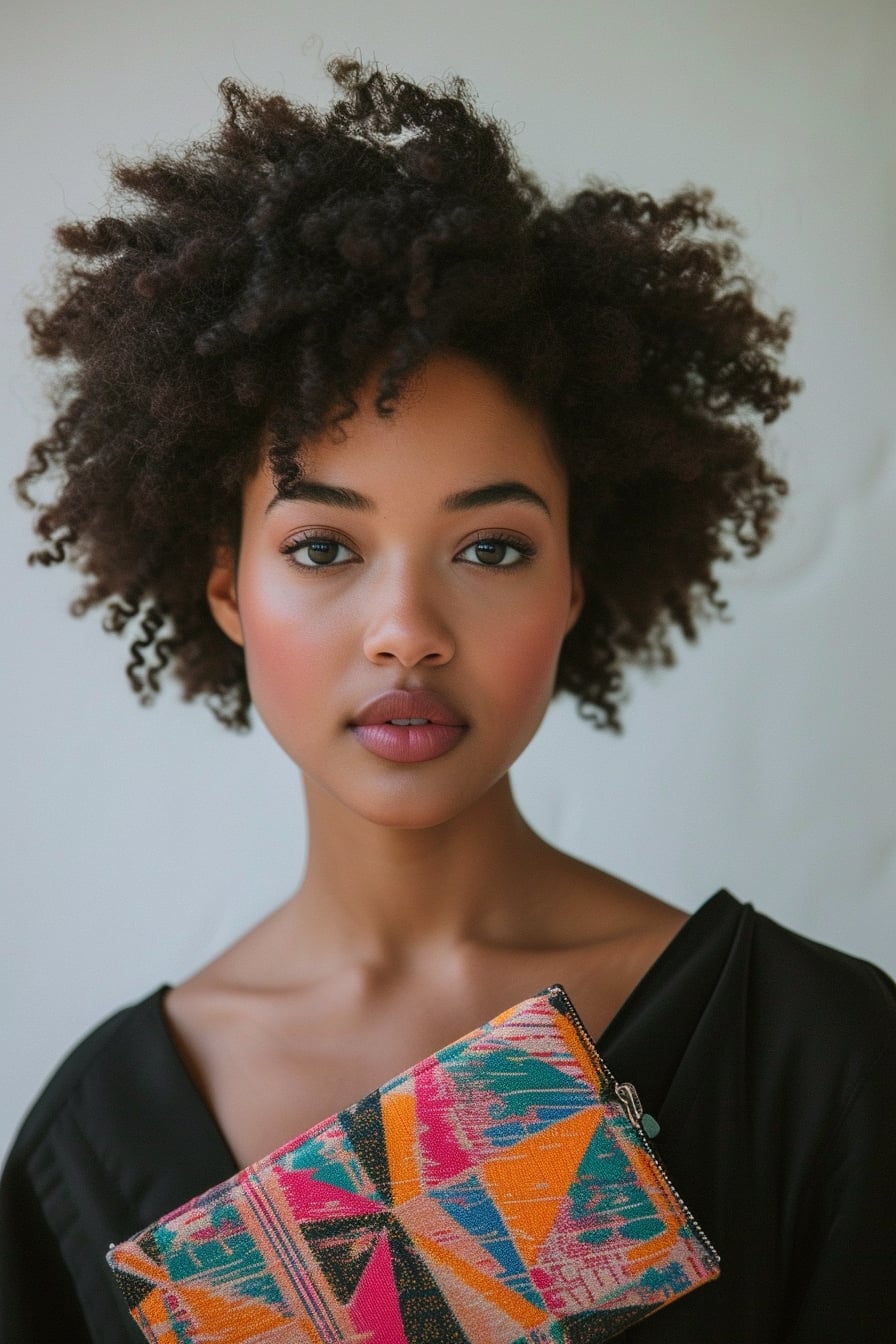  A close-up image of a young woman with short, curly hair, holding a small clutch with geometric patterns in bright colors, standing against a soft, neutral background, late afternoon.