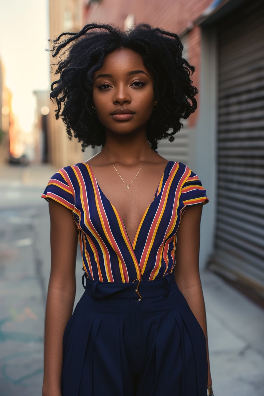  A young woman with sleek, black hair, wearing a striped, brightly colored top paired with high-waisted, solid navy blue trousers, urban setting, early evening.