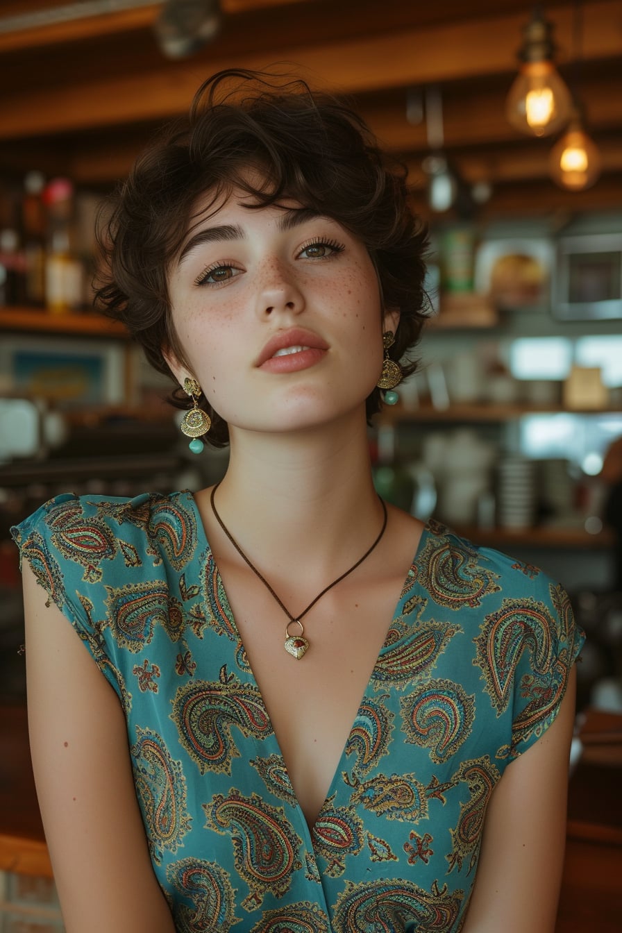  A young woman with short, dark hair, wearing a paisley print blouse in shades of blue and green, with matching earrings, in a cozy, well-lit café, afternoon.