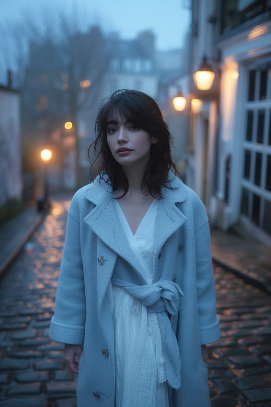  A young woman standing on a cobblestone street at dusk, wearing a soft, powder blue wool coat over a white dress, her breath visible in the cool air, streetlights casting a warm glow.