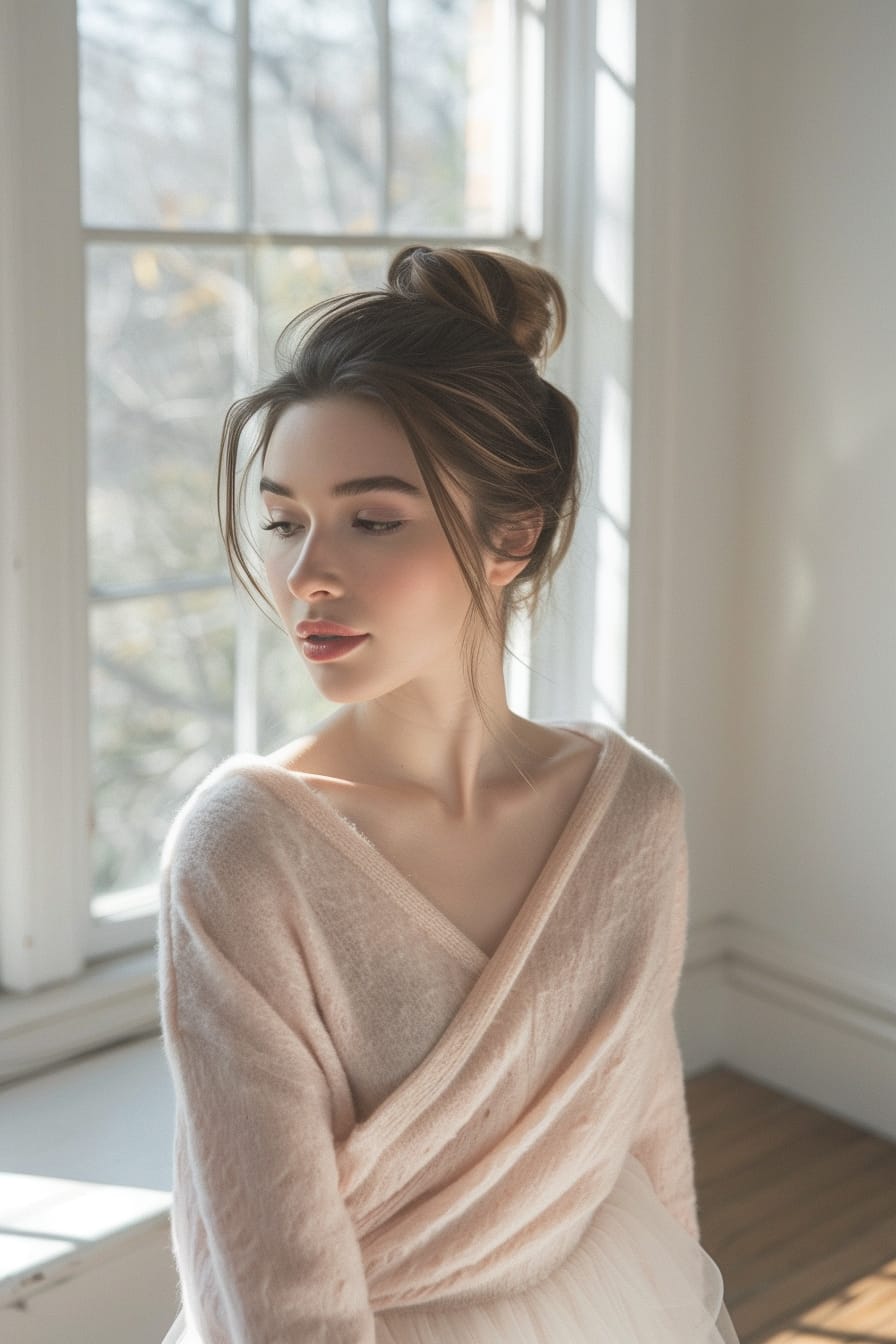  A young woman with soft brown hair tied in a low bun, wearing a pale pink wrap sweater and white tulle skirt, standing on a vintage hardwood floor, natural light streaming through large windows.