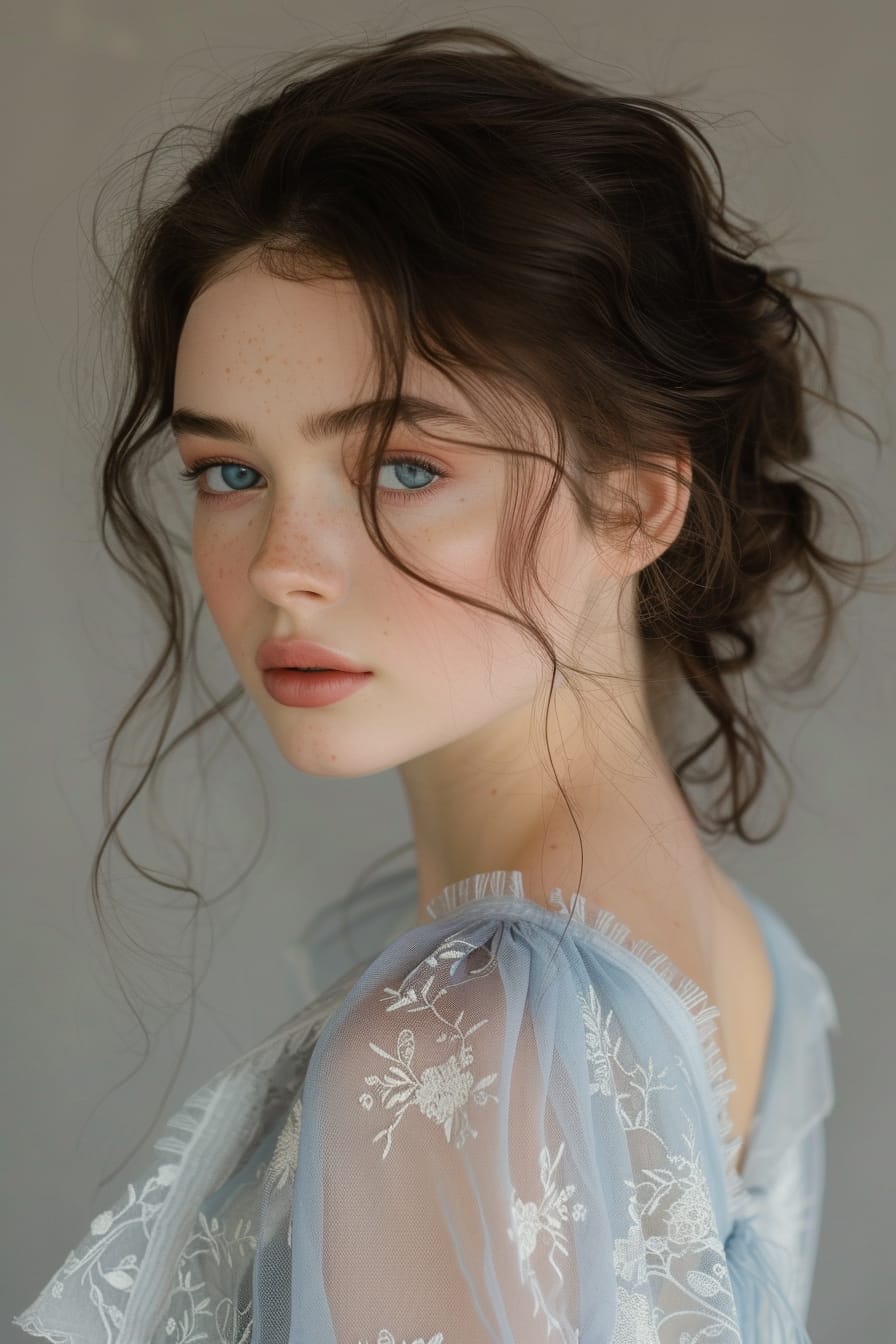  Close-up of a young woman in a soft, light blue wrap top with delicate lace detailing at the edges, her hair styled in a simple, elegant updo, against a soft, neutral background.