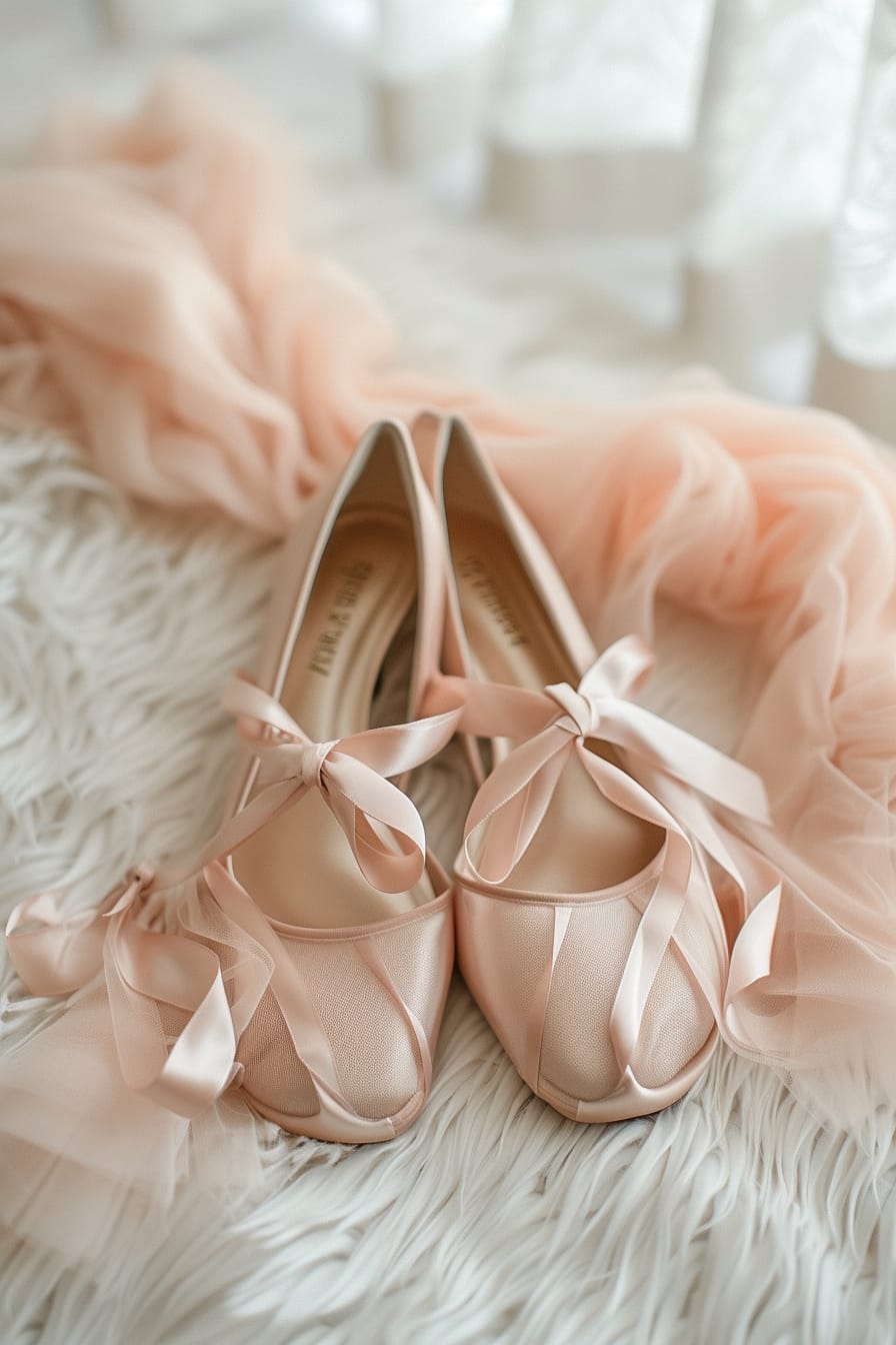  A pair of soft pink ballet flats with satin ribbons crisscrossing around the ankles, placed elegantly on a white fur rug, with soft, natural light highlighting their delicate texture.