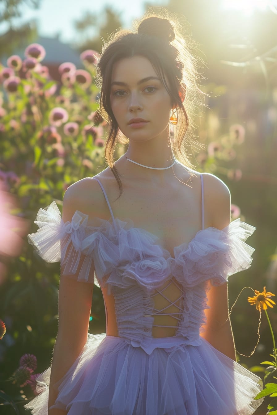  A young woman with her hair in a sleek, low ponytail, wearing a light lavender midi skirt made of layers of soft tulle, standing in a sunlit garden, surrounded by blooming flowers.