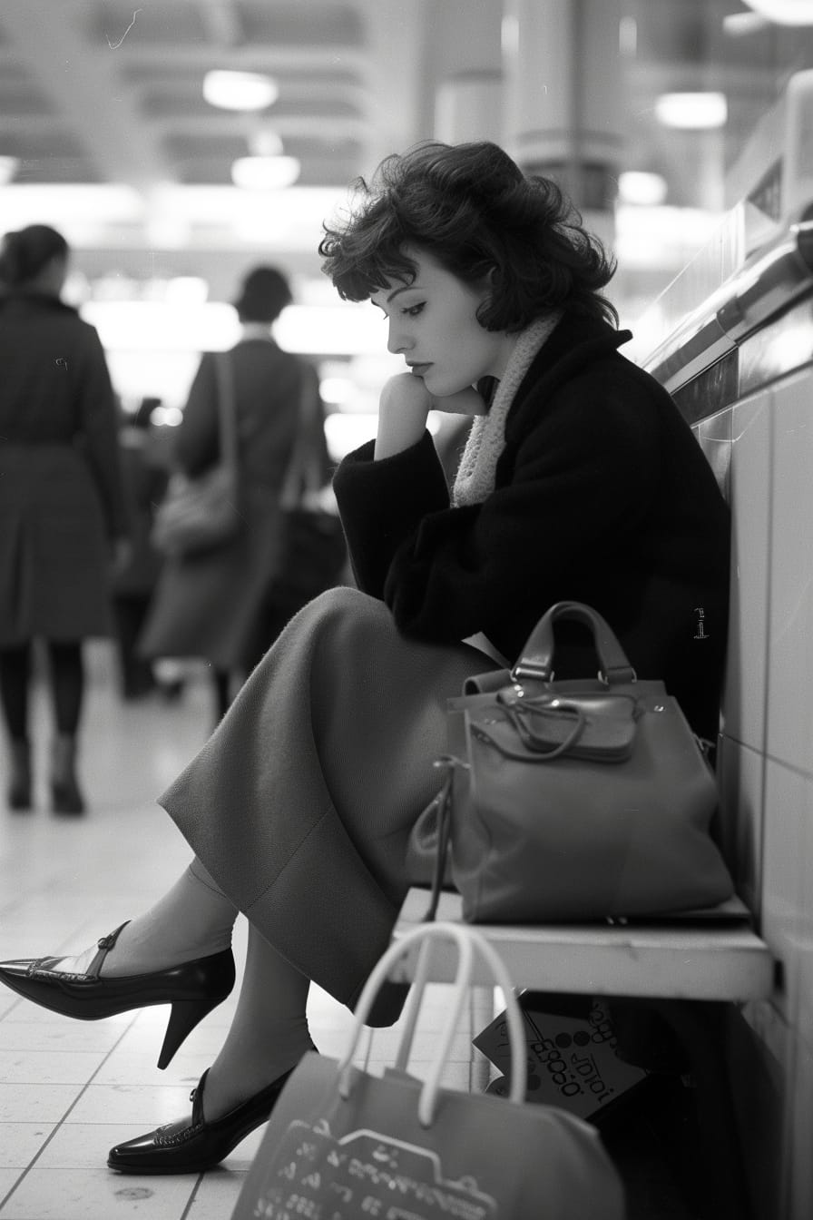  A woman sitting on a bench, trying on a pair of elegant loafers, surrounded by shopping bags, midday in a busy shopping mall.