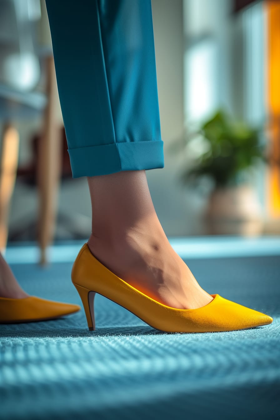  A close-up image of a woman's feet, wearing stylish yet comfortable flat shoes, the kind perfect for work, with a soft focus on an office background, morning light.