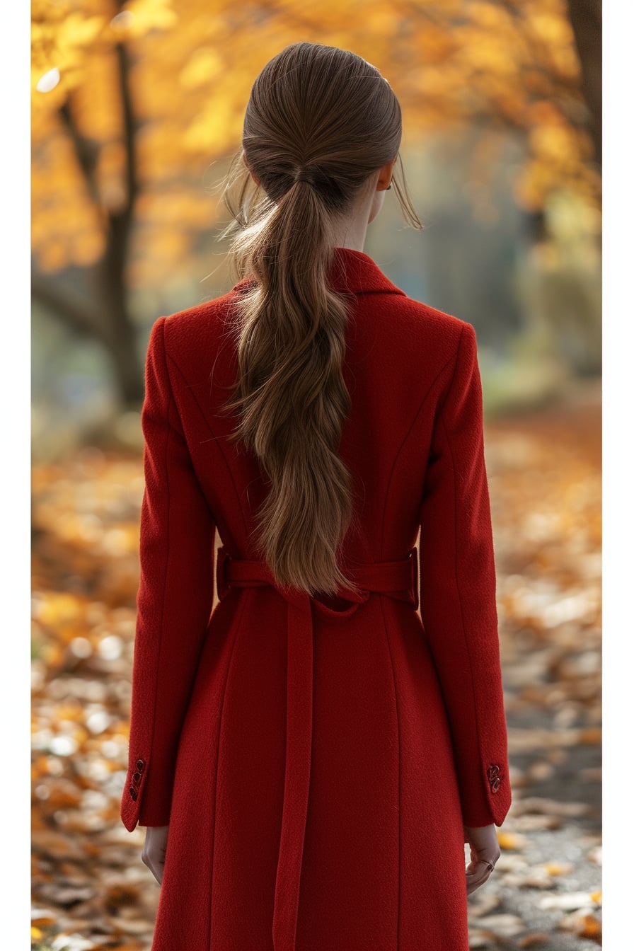  A young woman with a sleek ponytail, wearing a long red wool coat, walking on a path covered with autumn leaves, late afternoon.