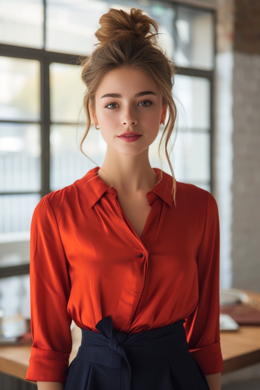  A young woman with an elegant updo, wearing a red silk blouse paired with a high-waisted navy skirt, in a minimalist, modern office, morning.