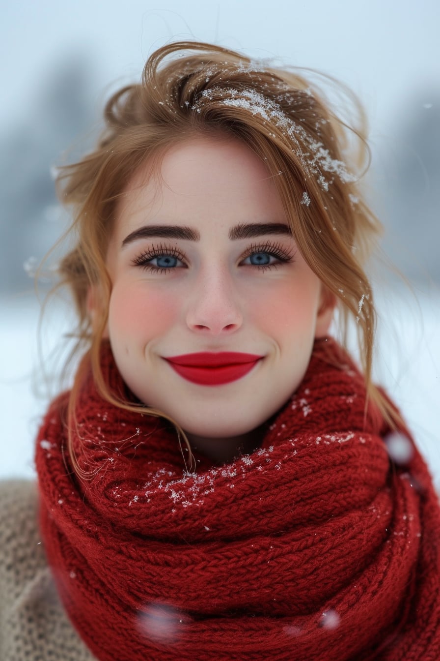  Close-up of a young woman with a radiant smile, wearing a scarlet lipstick that matches her wool scarf, under a snowy backdrop, evening.