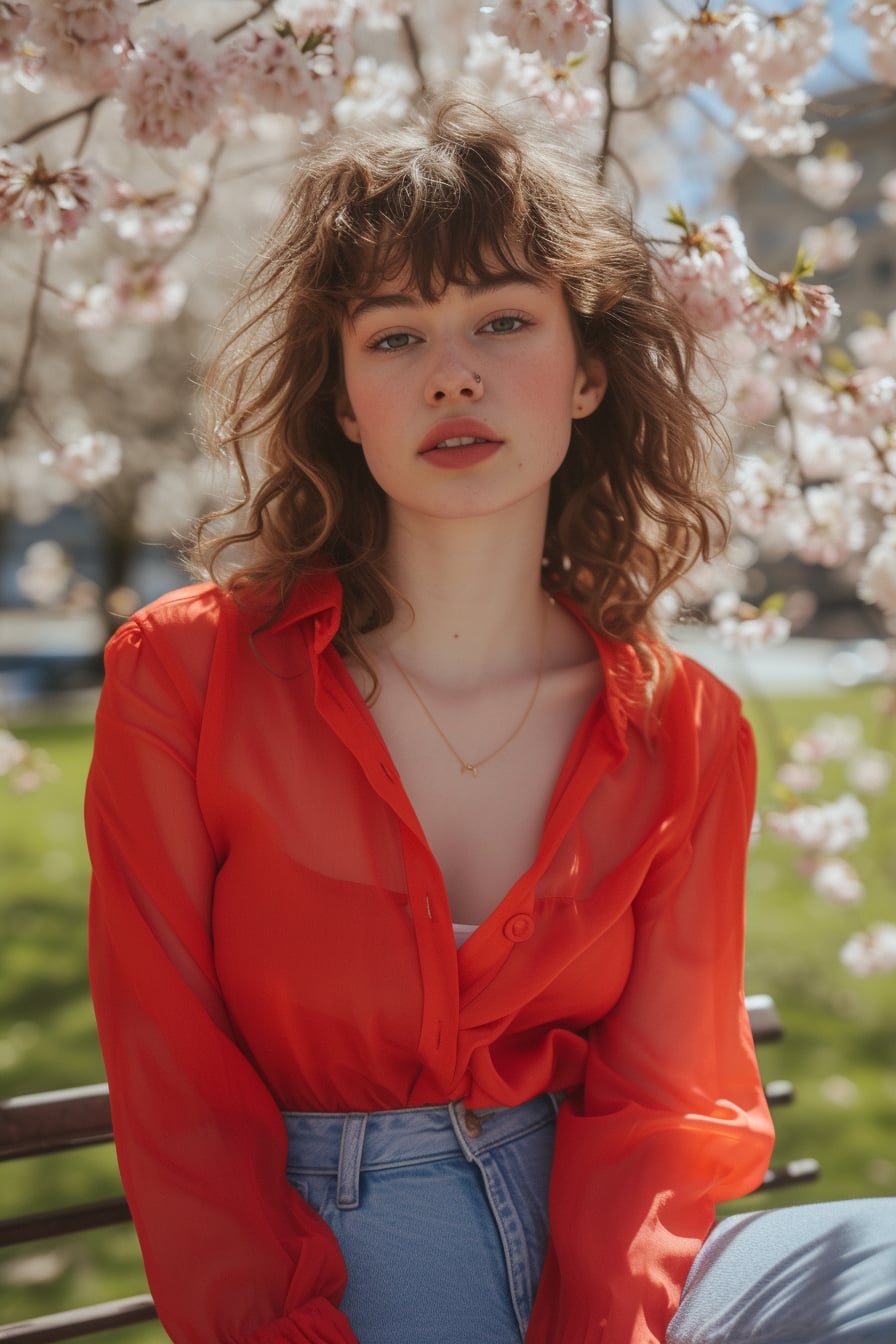  A young woman with soft curls, wearing a bright red blouse and light denim jeans, sitting on a bench, surrounded by blooming cherry blossoms, midday.