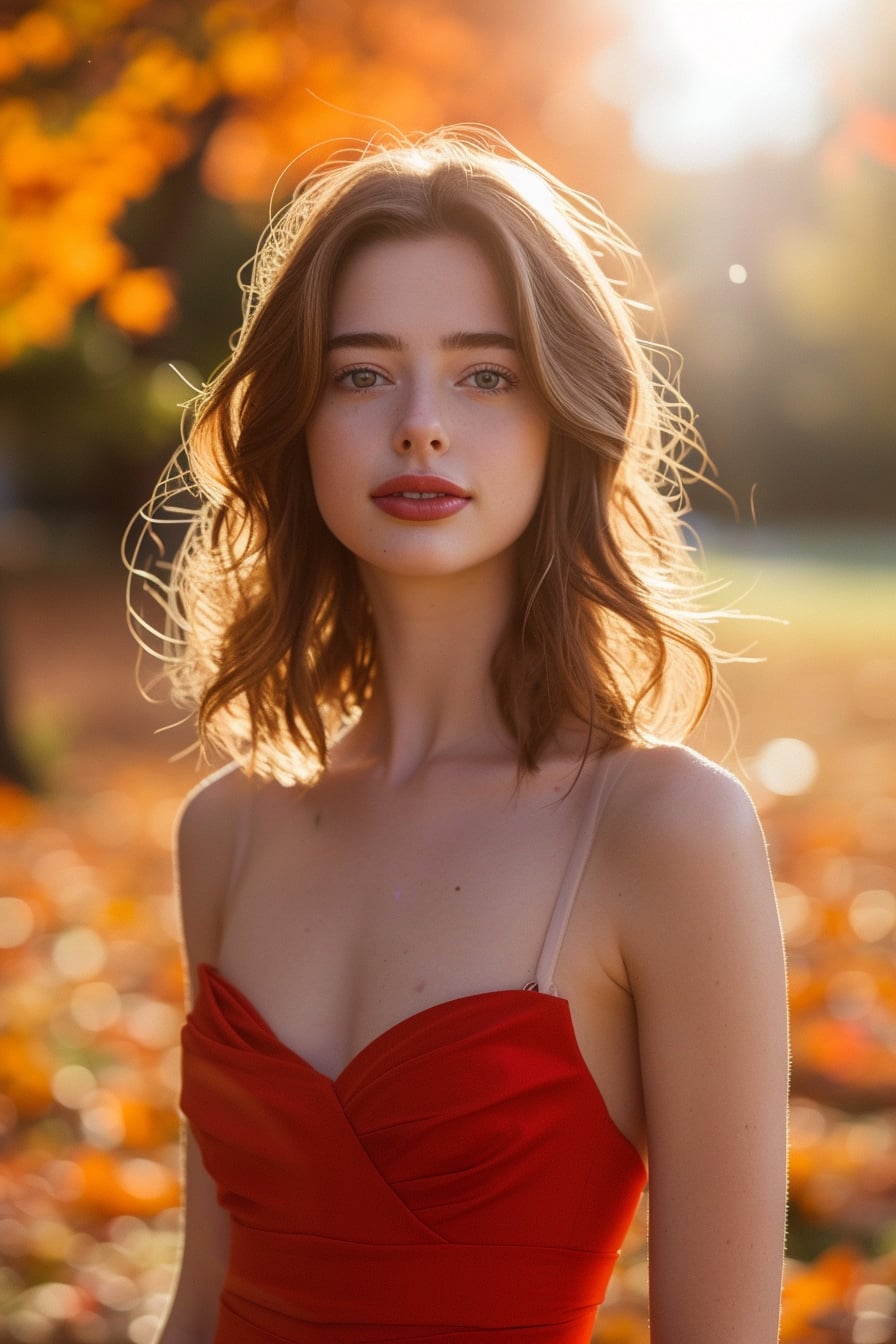  A young woman with wavy chestnut hair, wearing a fitted, knee-length, scarlet dress, standing in a sunlit park with autumn leaves.