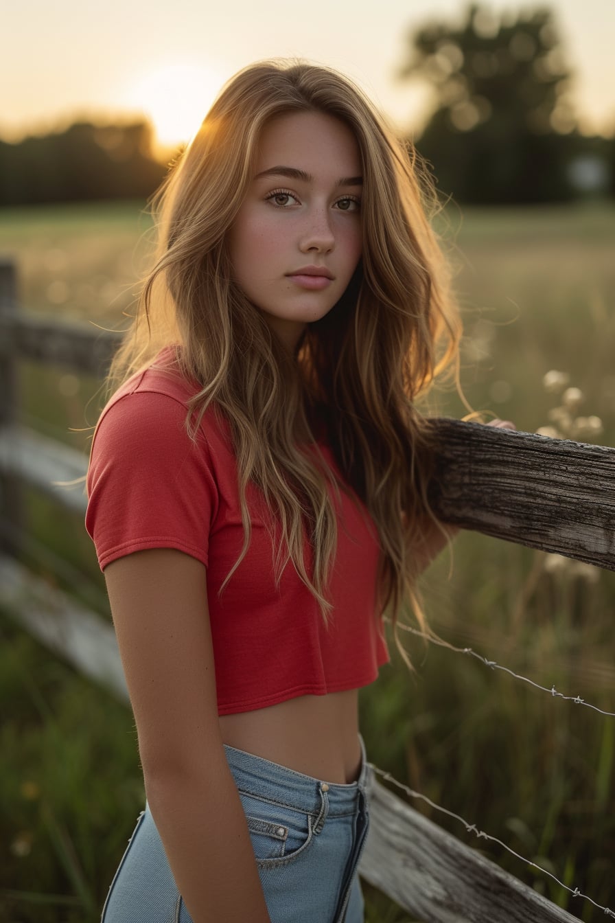  A young woman with loose waves, wearing a casual red tee and denim shorts, leaning against a rustic wooden fence, sunset.