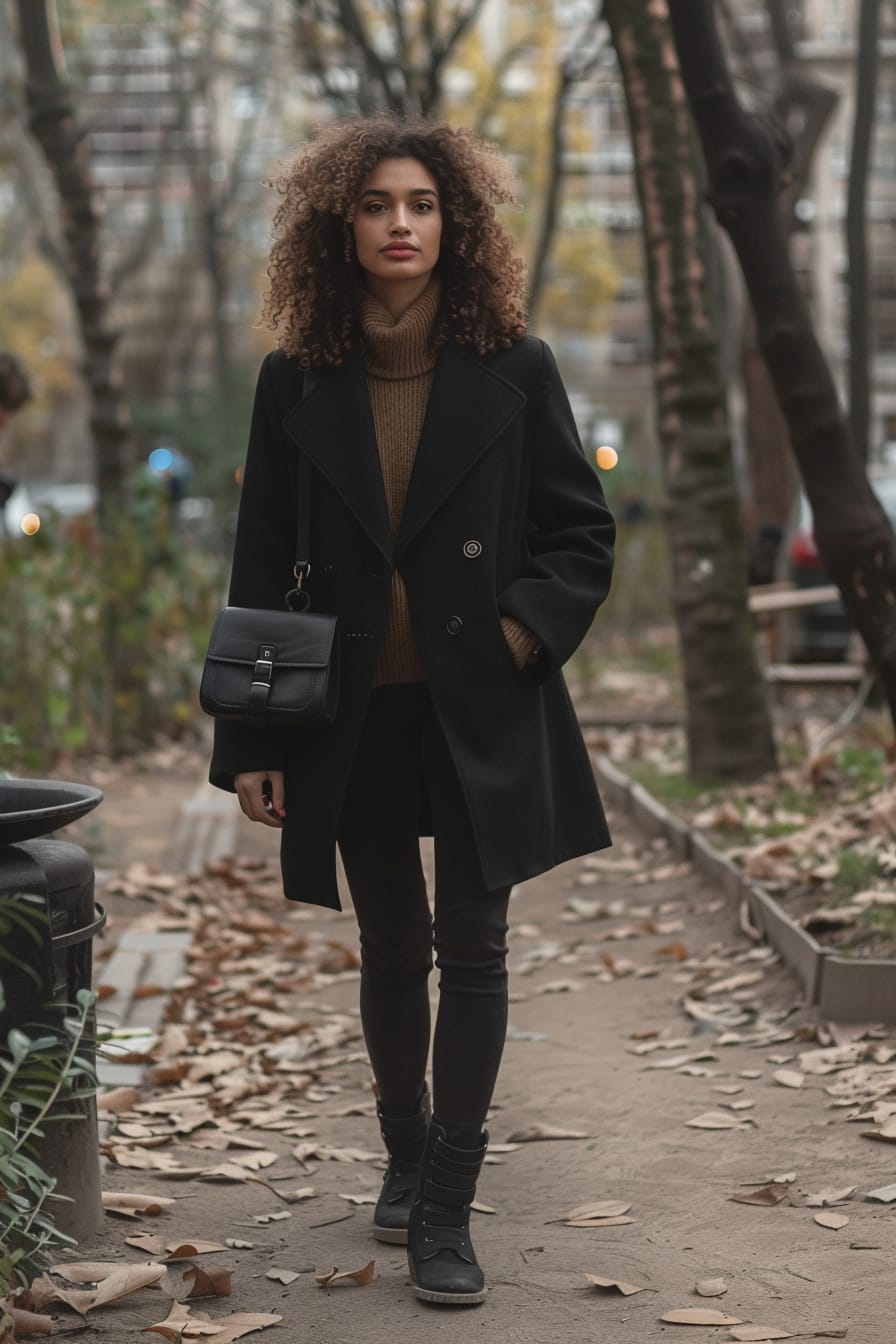 A full-length image of a fashionable young woman with curly hair, showcasing a medium-sized, structured black shoulder bag with gold hardware, walking through a lively urban park, late afternoon.
