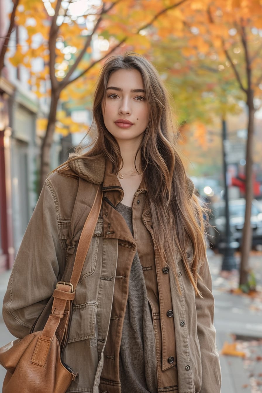 A full-length image of a young woman with long, straight hair, wearing a cozy autumn outfit with a tan leather shoulder bag, walking on a city sidewalk lined with fall-colored trees, late afternoon.