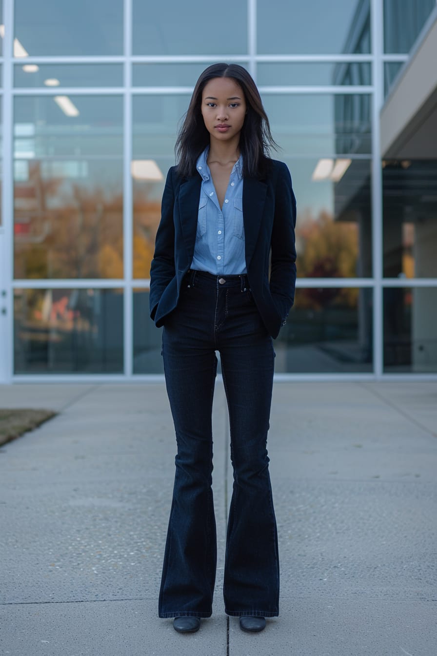  A full-length image of a young woman with sleek black hair, wearing dark flare jeans, a light blue button-up shirt, and a navy blazer, standing outside a modern office building, early afternoon.