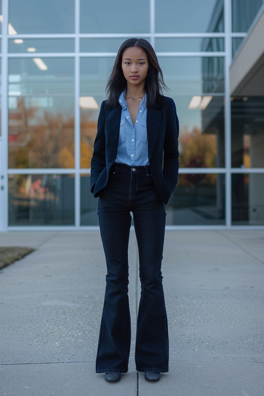 A full-length image of a young woman with sleek black hair, wearing dark flare jeans, a light blue button-up shirt, and a navy blazer, standing outside a modern office building, early afternoon.