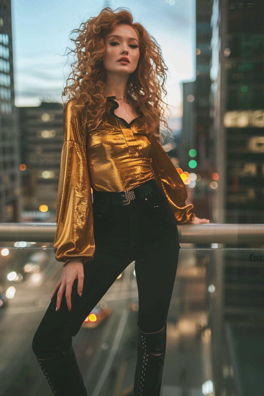 A full-length image of a glamorous young woman with curly red hair, wearing black flare jeans, a shimmering gold top, and black ankle boots, leaning against a railing with city lights in the background, evening.