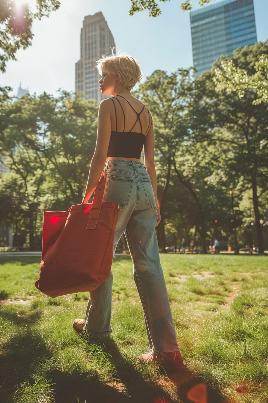 A full-length image of a stylish young woman with short blonde hair, wearing light wash flare jeans, a black tank top, and carrying a large red tote bag, walking through a sunlit urban park.