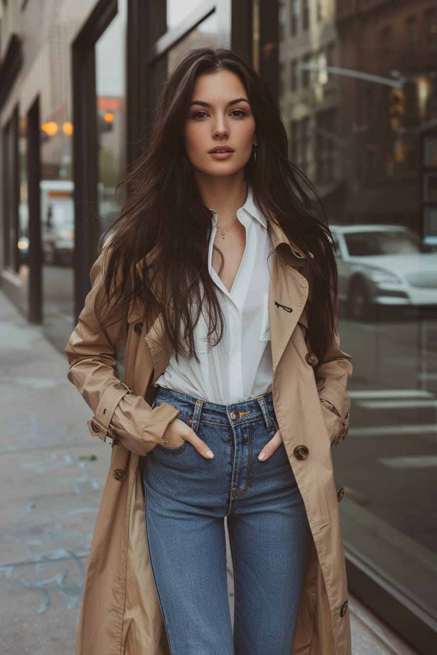 A full-length image of a chic young woman with long dark hair, wearing medium wash flare jeans, a white blouse, and a camel trench coat, standing on a city sidewalk, overcast afternoon.