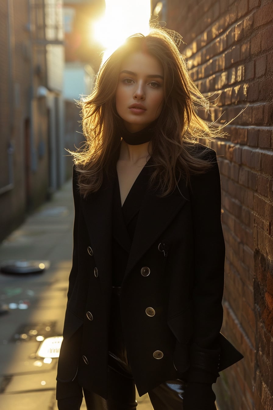 A young woman in a dramatic, all-black outfit featuring an oversized blazer and fitted leather leggings, standing in an urban alleyway, the setting sun casting long shadows.