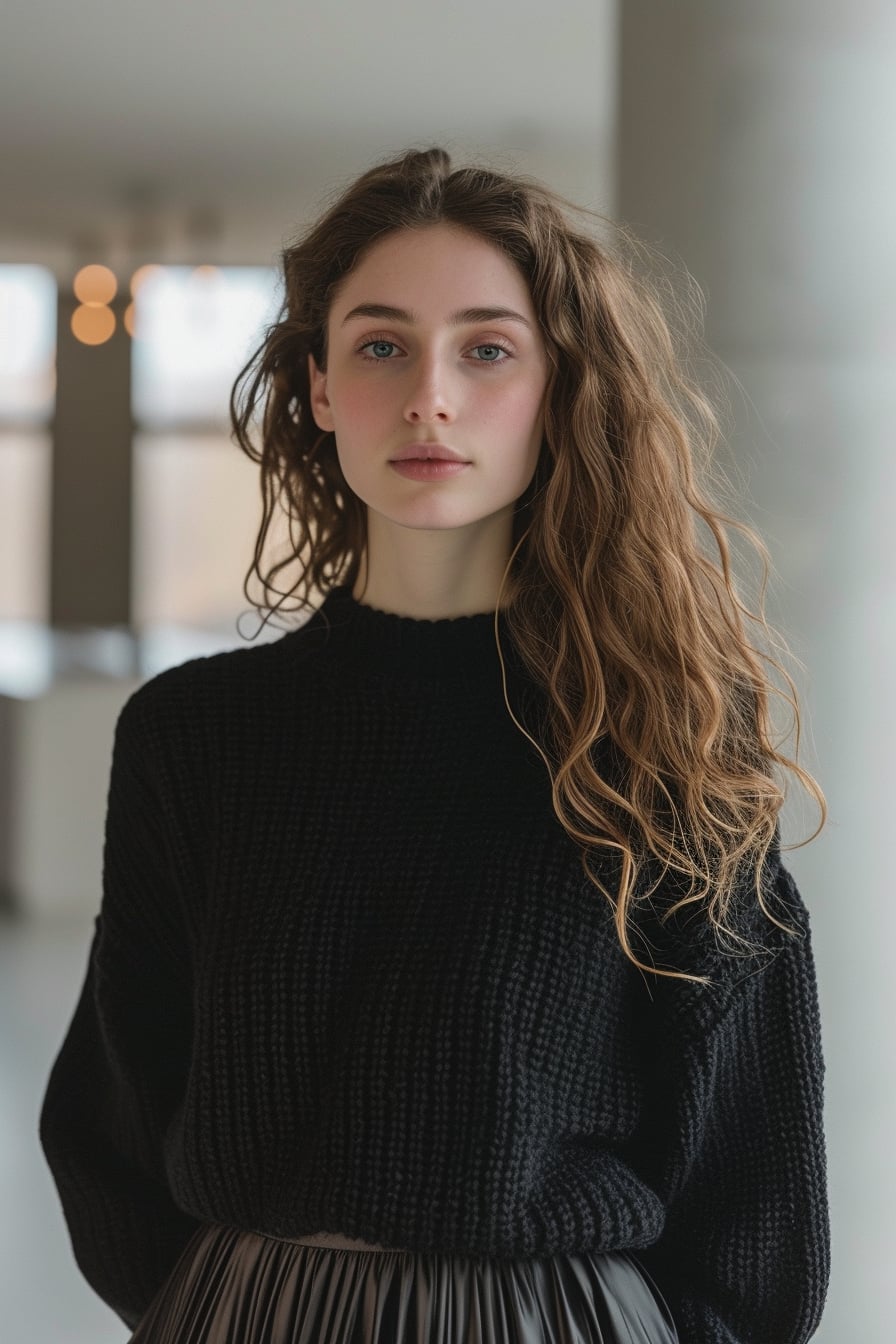 A young woman with wavy hair, wearing a chunky knit black sweater and a satin midi skirt, standing in a minimalist, modern room with large windows, natural light flooding in.