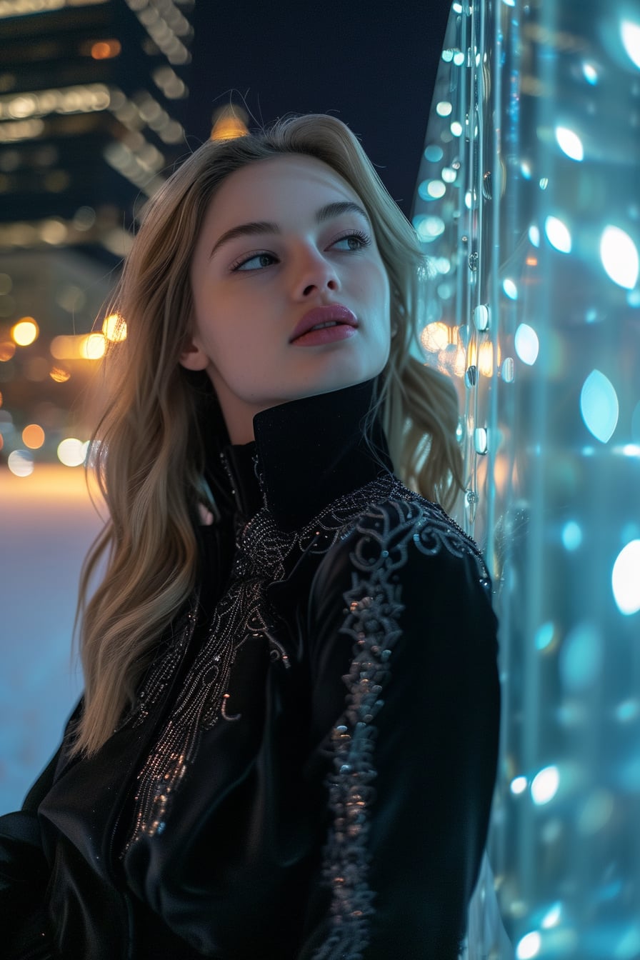  A young woman in a chic, all-black outfit with subtle, intricate details, leaning against a sleek, modern art installation, the city lights twinkling in the background, capturing the essence of sophistication and individuality.