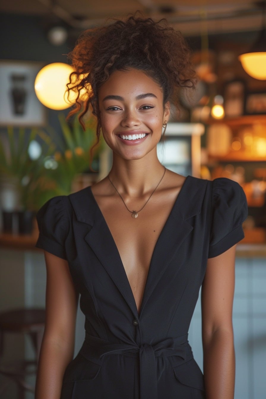  A young woman with a vibrant smile, wearing a tailored black jumpsuit with unique, playful details, standing in a cozy café, surrounded by soft, warm lighting.