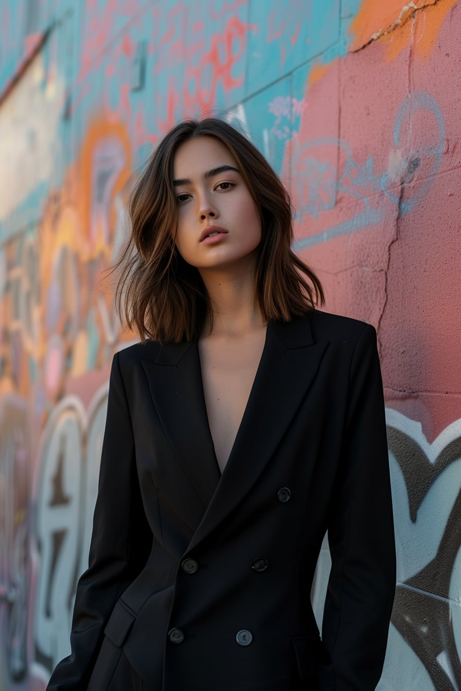  A young woman with sleek, shoulder-length hair, standing confidently in an elegant, all-black ensemble featuring a tailored blazer and slim-fit trousers, against a vibrant, graffiti-covered wall, under the soft glow of late afternoon sun.