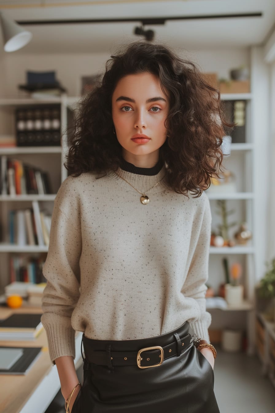 A young woman with dark curly hair, wearing a light beige sweater partially tucked into a leather midi skirt, accentuated with a slim, gold buckle belt, in an elegant, minimalist office space, late afternoon.