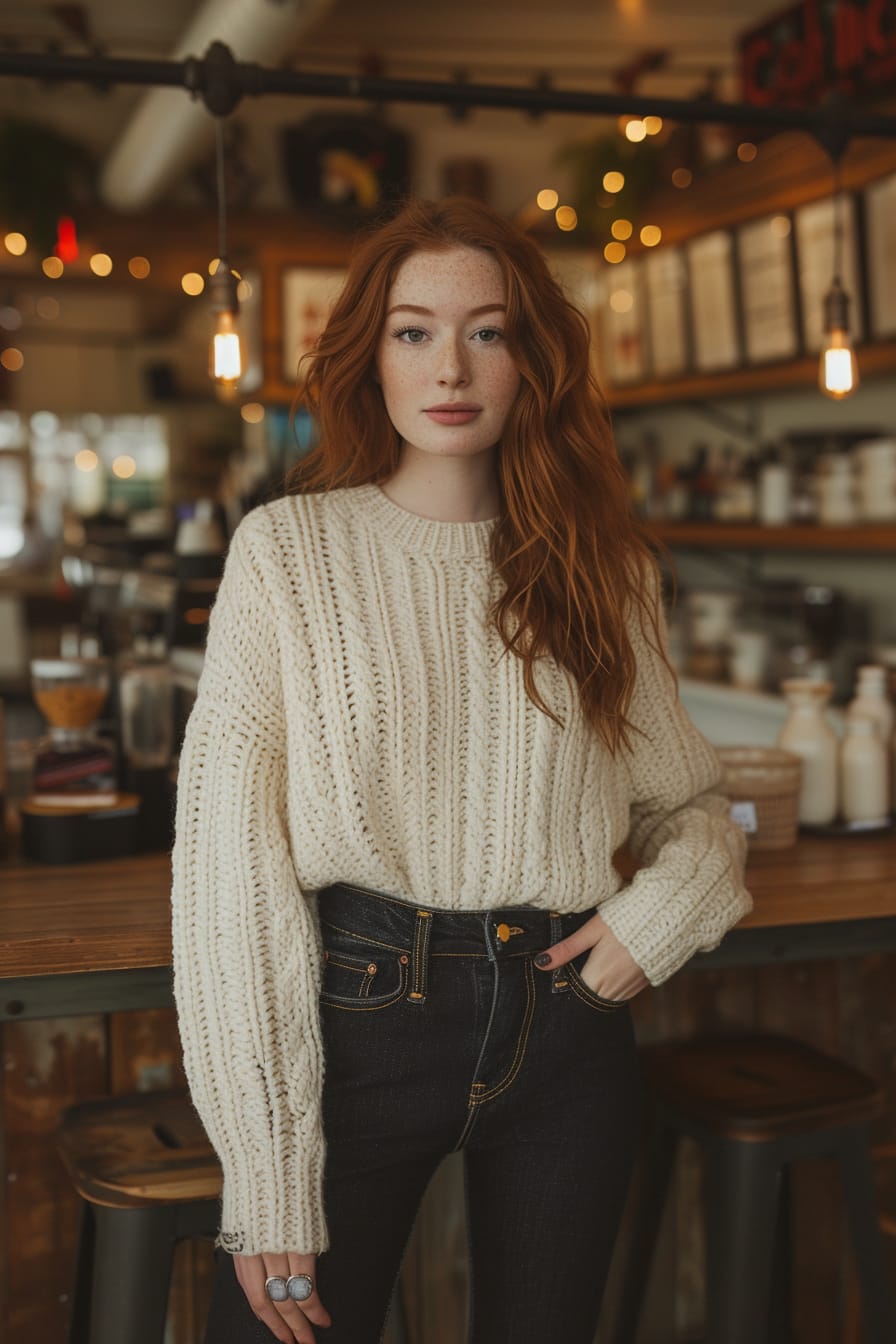  A young woman with auburn hair, wearing a cream-colored chunky knit sweater neatly tucked into high-waisted dark denim jeans, standing in a quaint coffee shop with soft, warm lighting and rustic decor, morning.