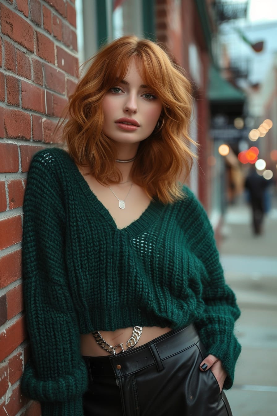  A young woman with wavy ginger hair, wearing an oversized emerald green sweater loosely tucked on one side into black leather pants, leaning against a brick wall on a bustling city street, dusk.