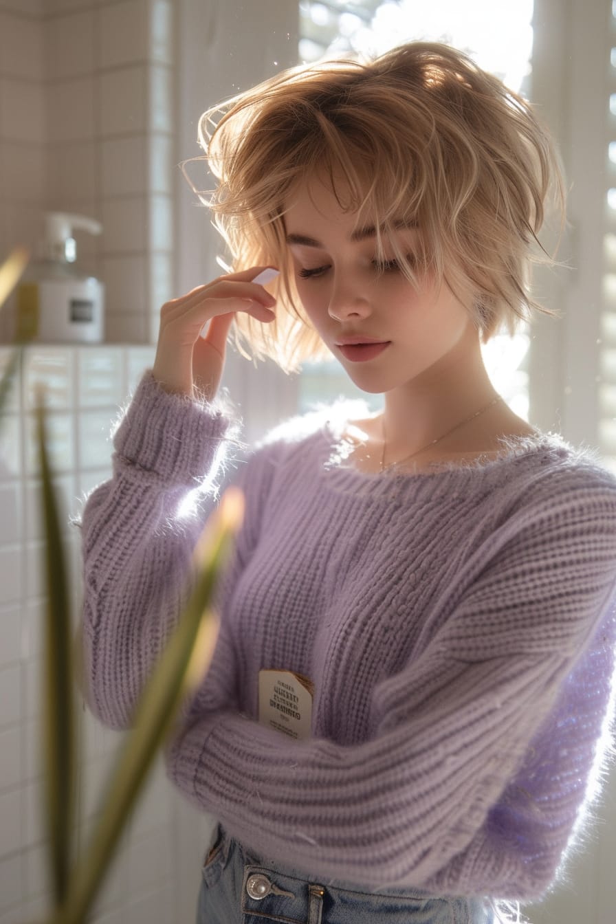 A young woman with short blonde hair, applying double-sided fashion tape to the inside of a lavender sweater before tucking it into high-rise, light wash denim jeans, in a well-lit, modern bathroom, early evening.