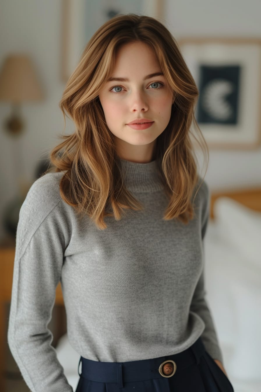  Close-up of a young woman with light brown hair, demonstrating the front tuck technique on a soft gray sweater into a pair of tailored, navy blue trousers, in a bright, airy bedroom, mid-morning.