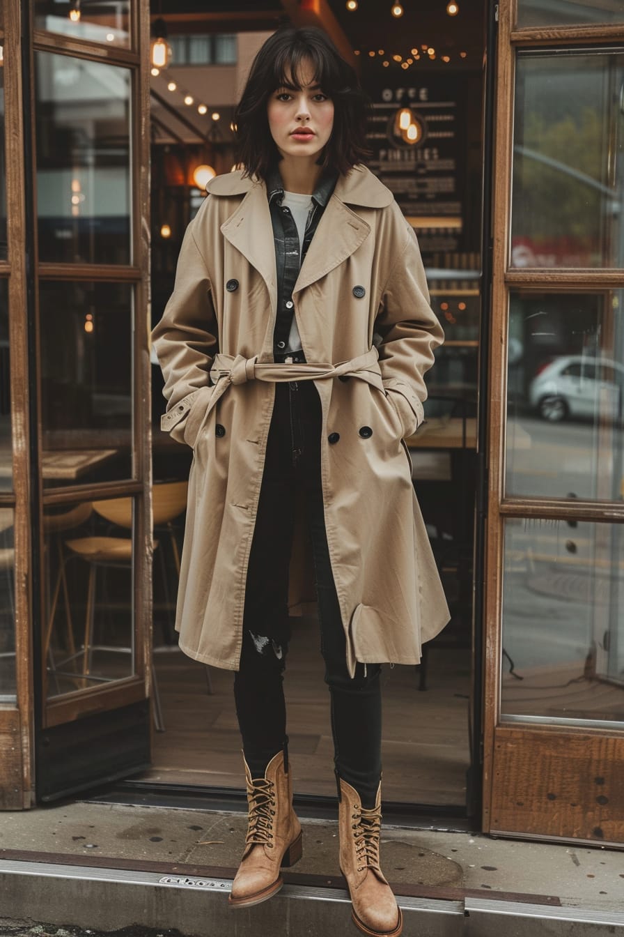  A full-length image of a young woman with short black hair, wearing a beige trench coat, black skinny jeans, and tan cowboy boots. She's standing in front of a coffee shop, mid-morning.