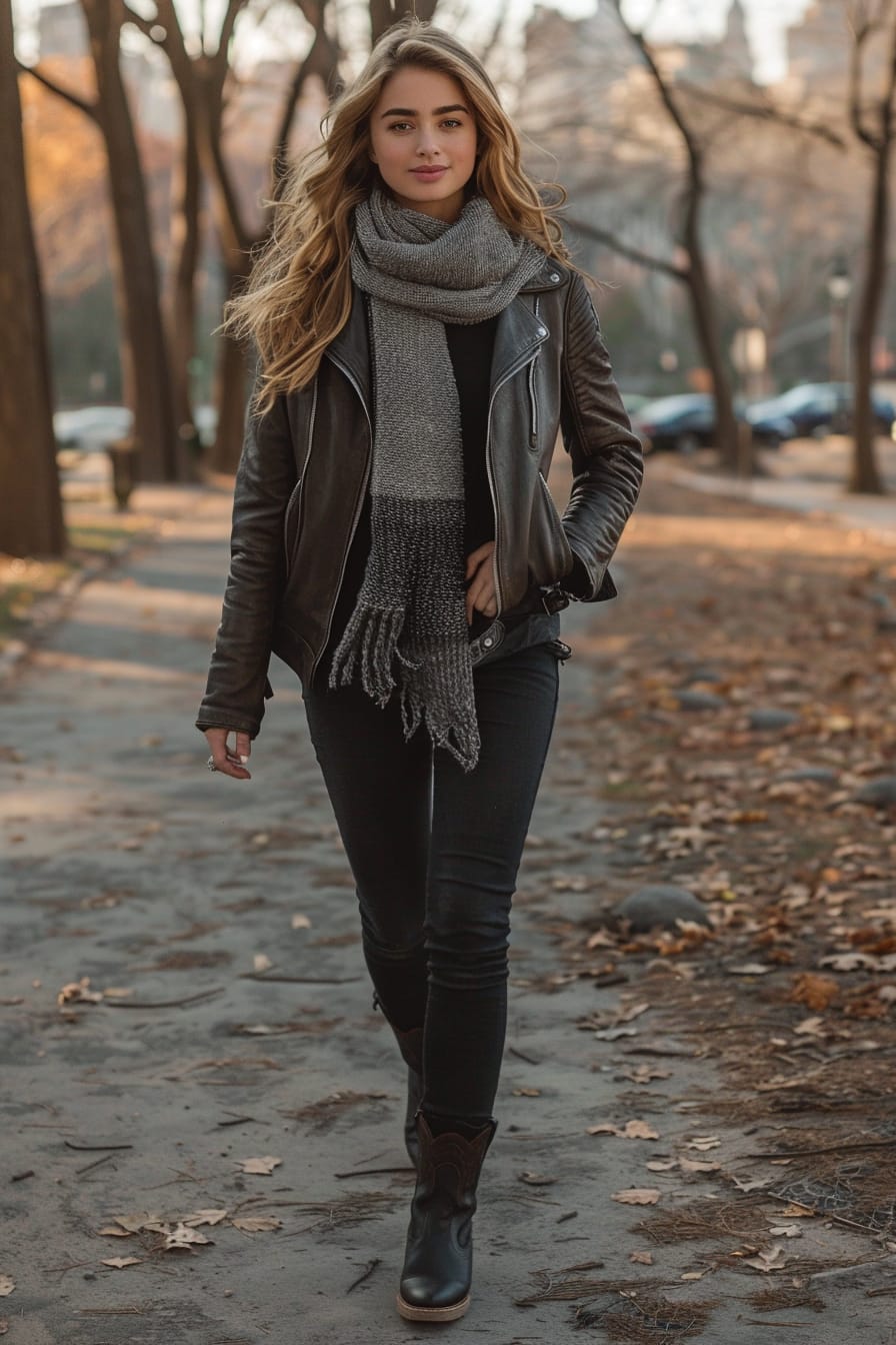  A full-length image of a young woman with wavy blonde hair, wearing a black leather jacket, a gray wool scarf, dark leggings, and black cowboy boots. She's walking through a city park, early evening.