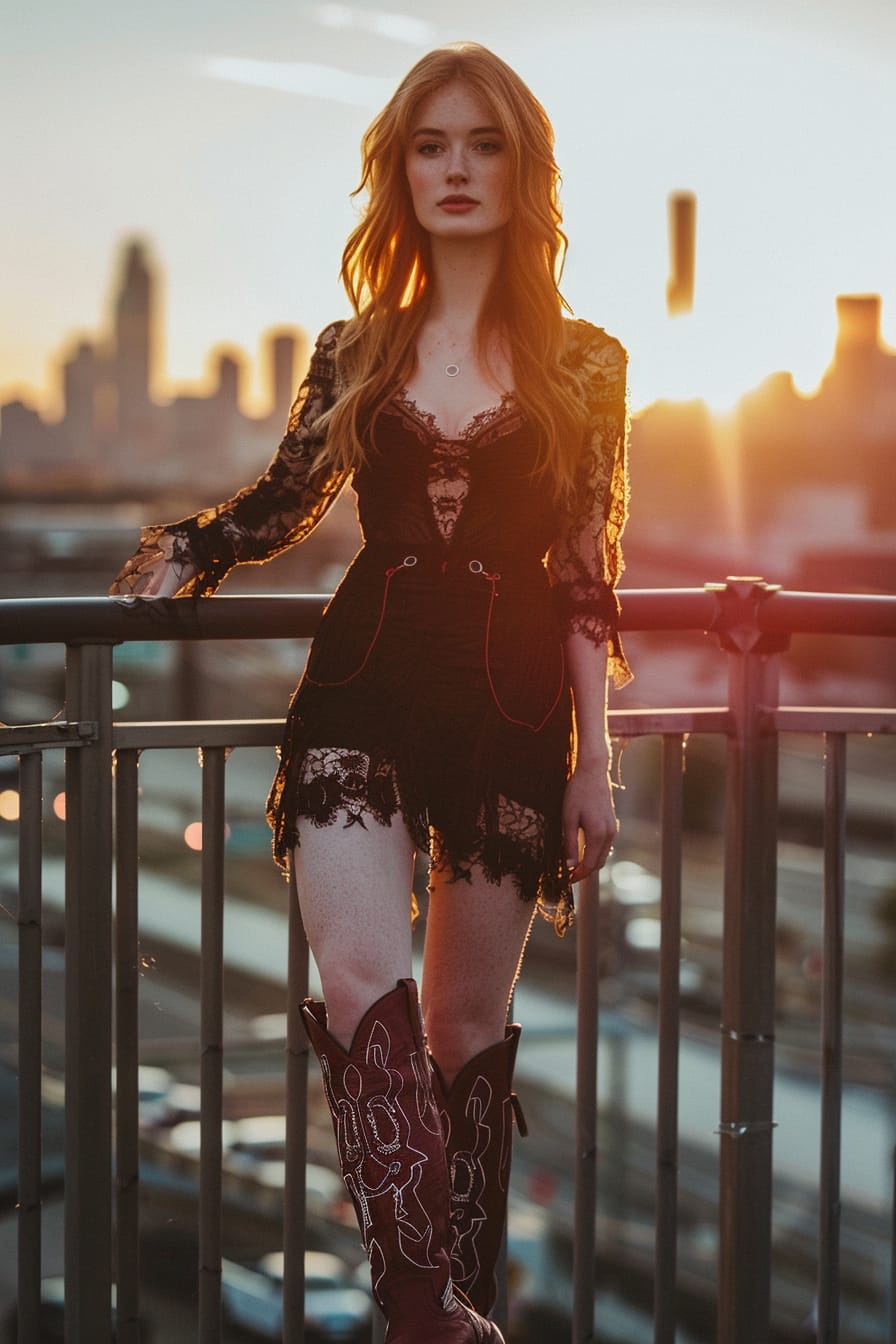  A full-length image of a young woman with long red hair, wearing a black midi dress with a subtle floral pattern, and dark red cowboy boots. She's standing on a city bridge, sunset.