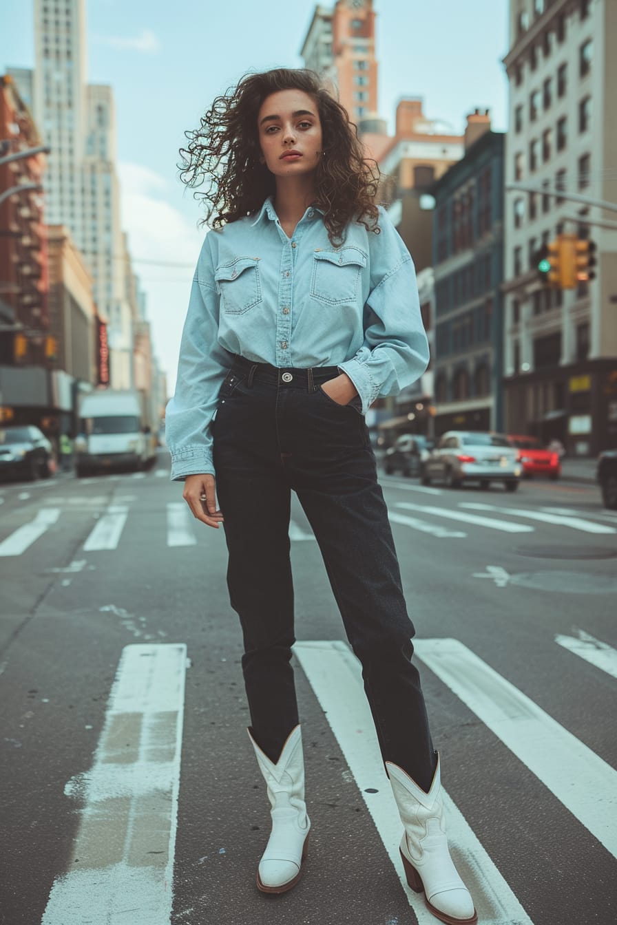  A full-length image of a young woman with curly brown hair, wearing a light blue denim shirt tucked into high-waisted black trousers, and white cowboy boots. She's standing at a city crosswalk, morning.