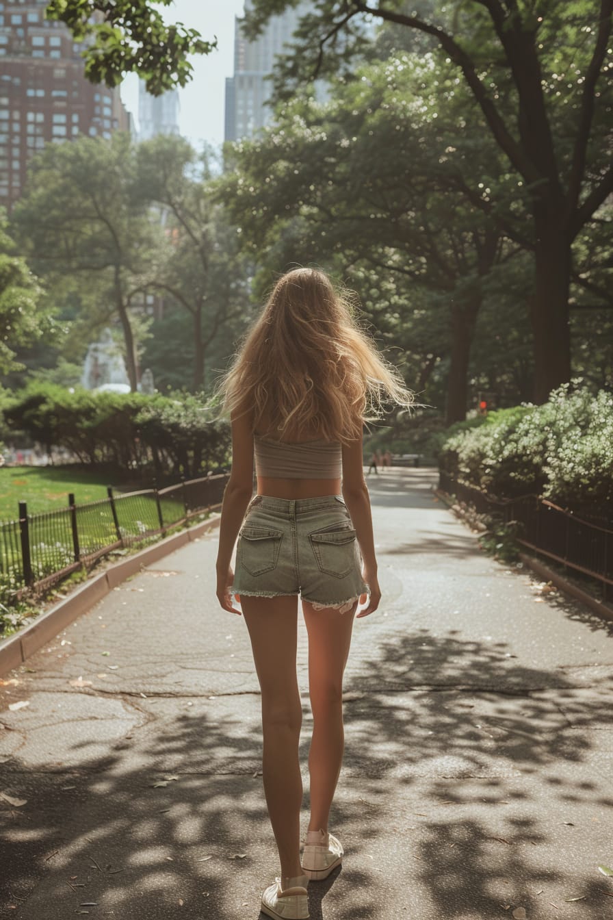  A full-length image of a young woman with wavy blonde hair, wearing a light grey bodysuit, tucked into distressed denim shorts, casual sneakers, walking through a city park, bright morning light.