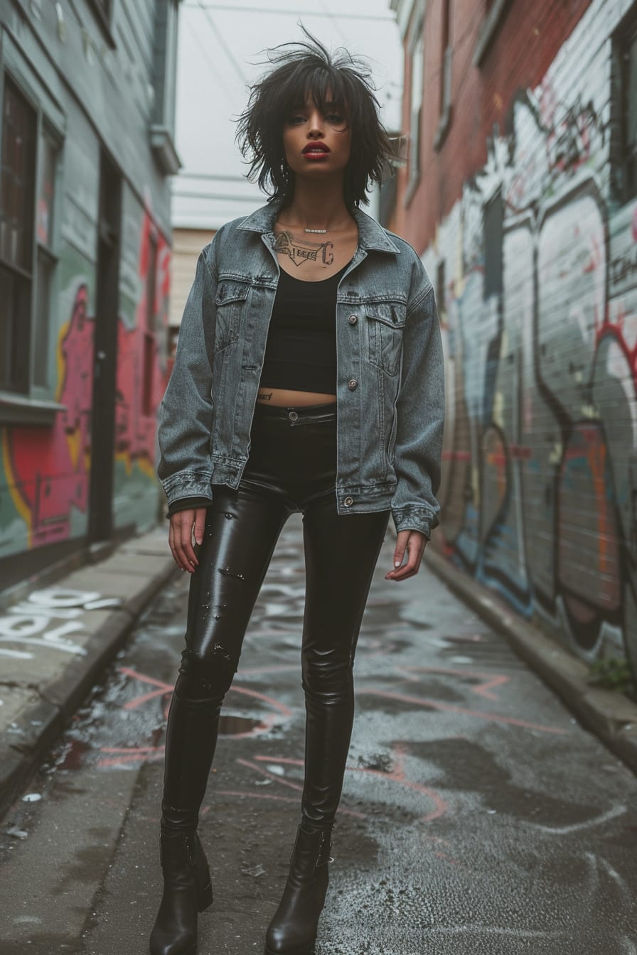 A full-length image of a young woman with short, tousled hair, wearing a simple black bodysuit under a denim jacket, paired with leather leggings, ankle boots, standing in an alleyway with graffiti walls, overcast day.