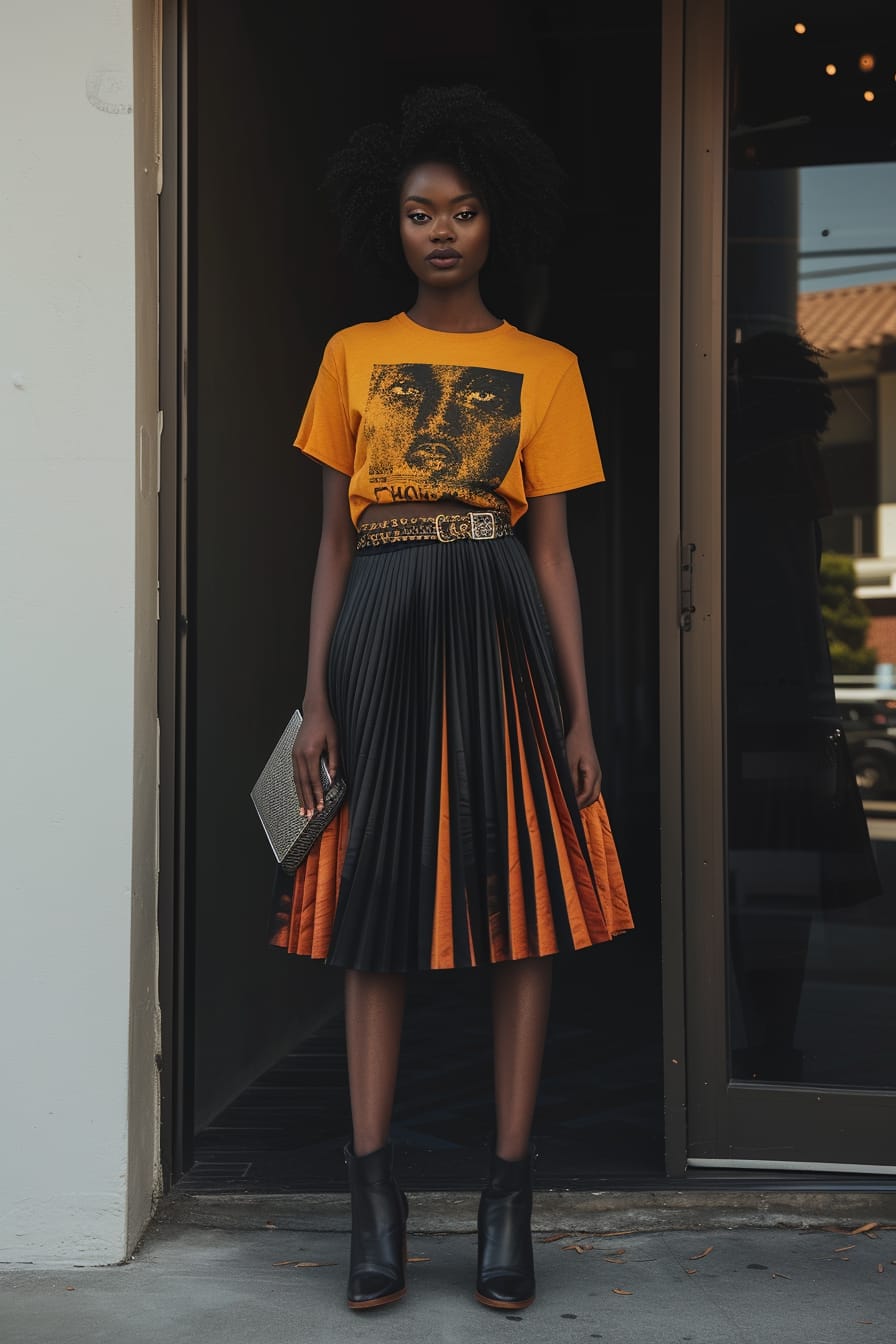  A young woman standing in front of a gallery entrance, wearing a graphic tee tucked into a high-waisted, pleated skirt, holding a clutch, dusk setting.