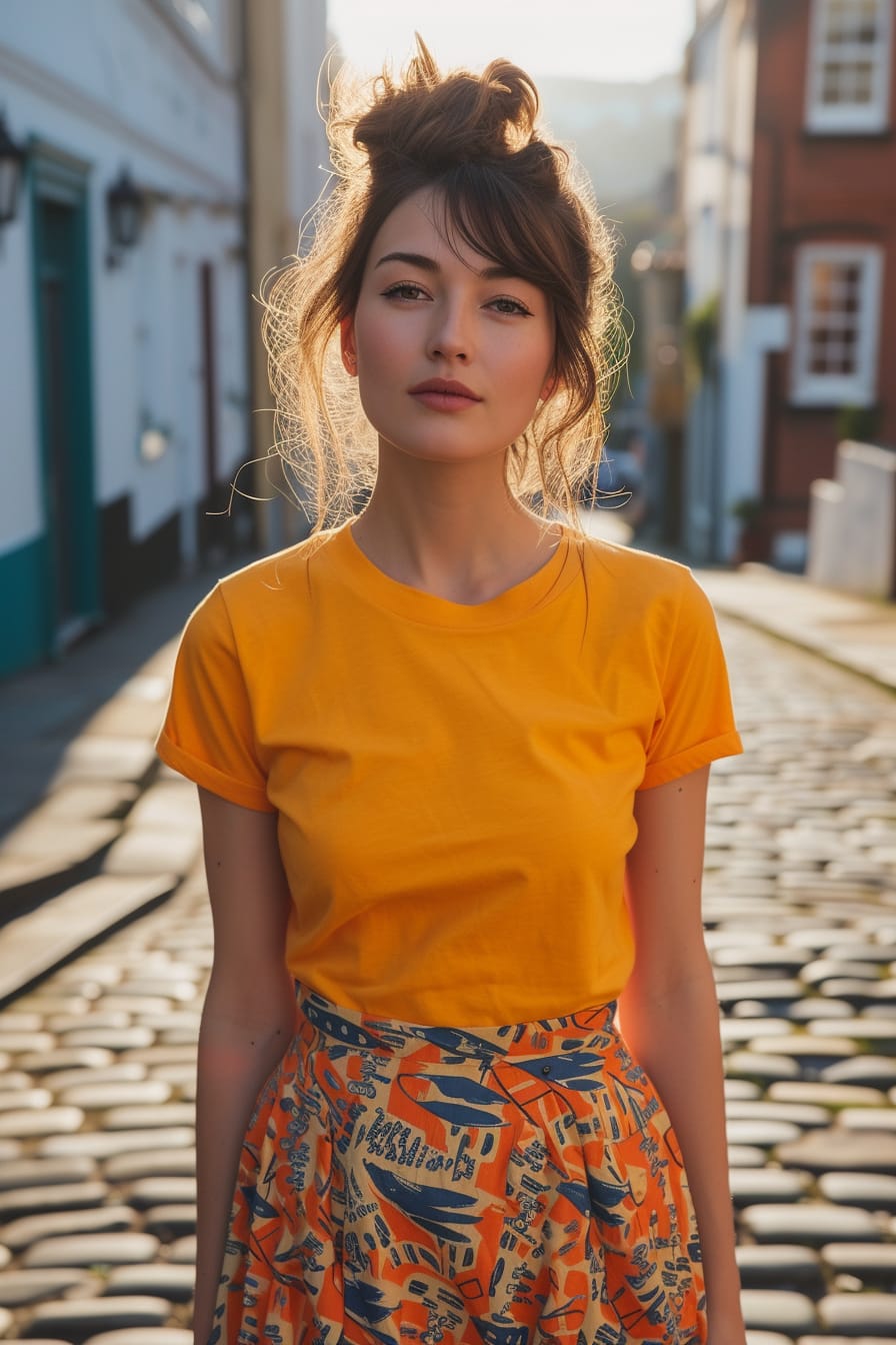 A young woman with her hair in a messy bun, wearing a bright graphic tee partially tucked into a flowy midi skirt, standing on a cobbled street, early evening.