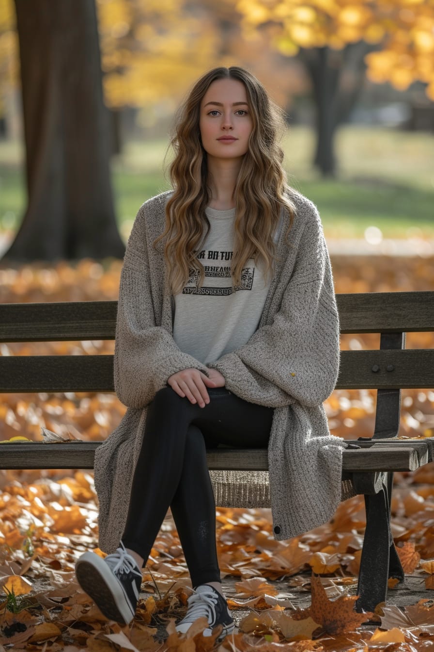 A young woman sitting on a park bench, wearing a graphic tee layered with a long, lightweight cardigan, dark leggings, and sneakers, surrounded by autumn leaves.
