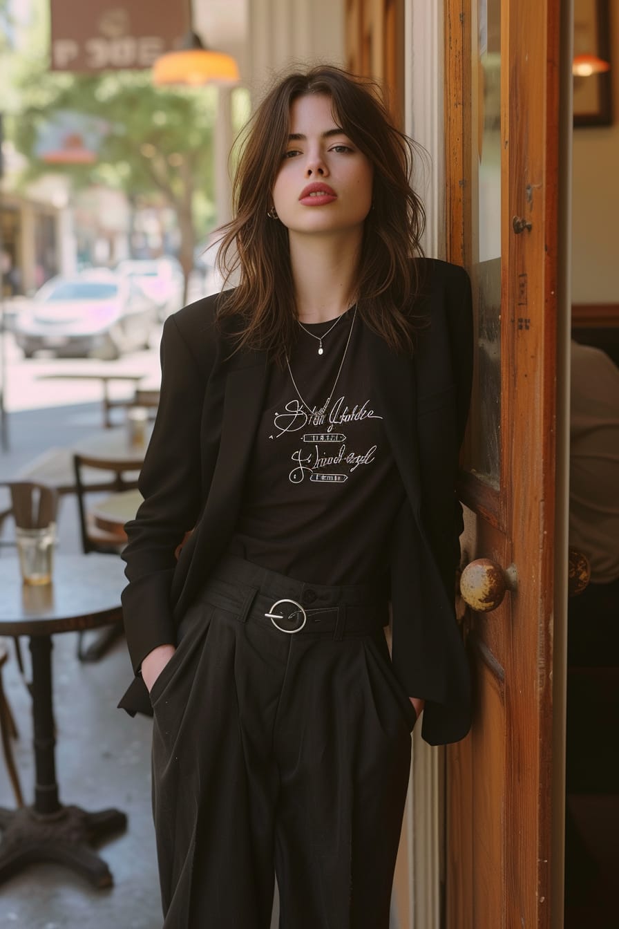 A young woman leaning against a café wall, wearing a graphic tee under a fitted blazer, paired with high-rise trousers and loafers, mid-morning light.