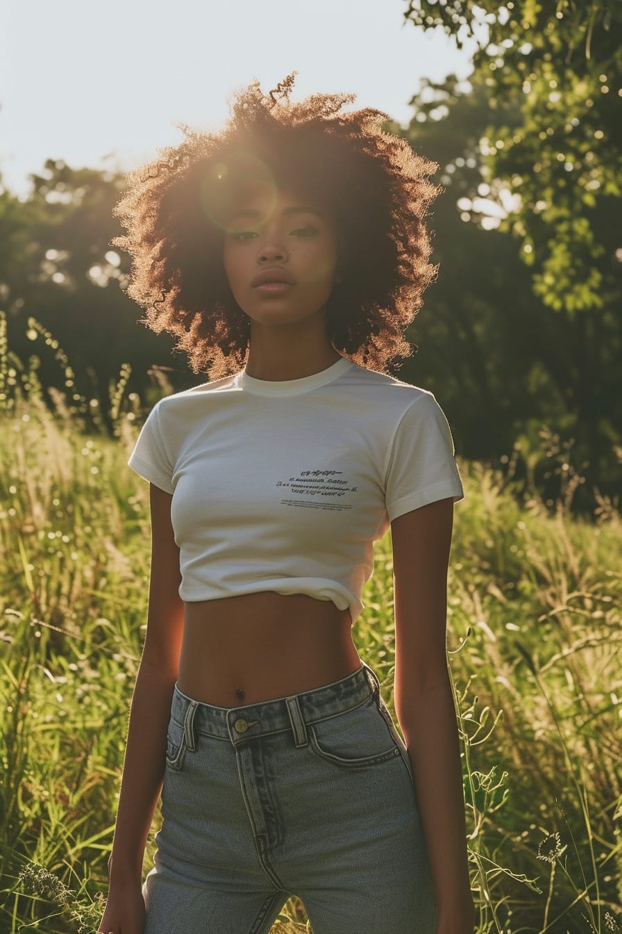  A young woman with a relaxed posture, wearing a white graphic tee tucked into high-waisted denim jeans, standing in a sunlit urban park.